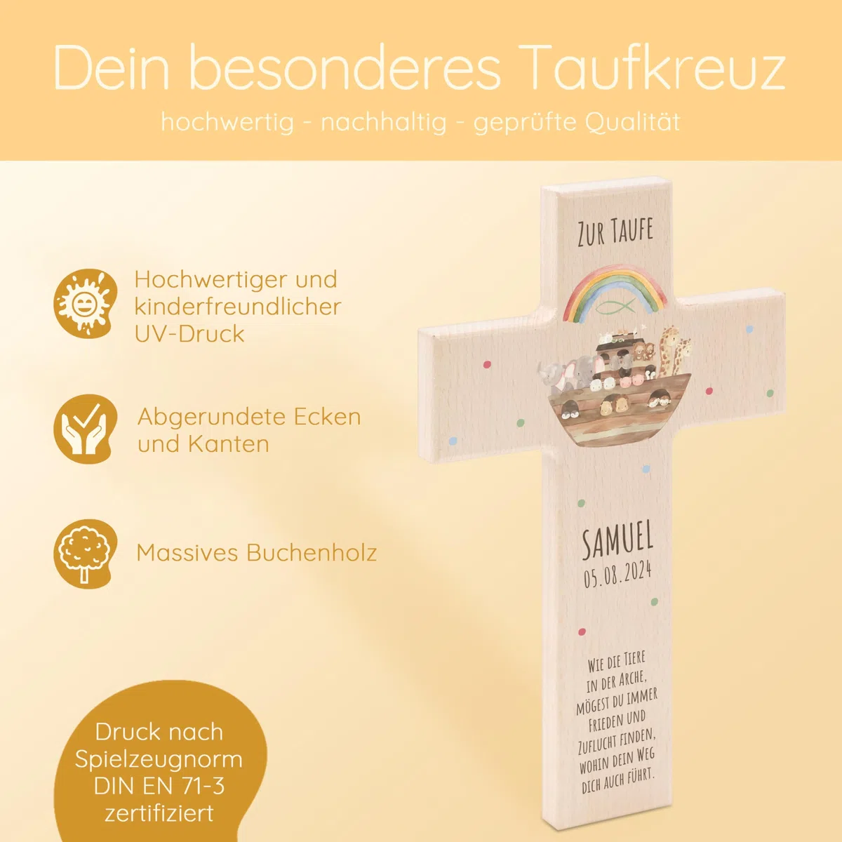 Bärenfreunde - Personalisiertes Taufkreuz mit hochwertigem Spezial-Druck aus massivem Buchenholz - Taufe Geschenk - Holzkreuz Taufe (Arche Noah Tiere)