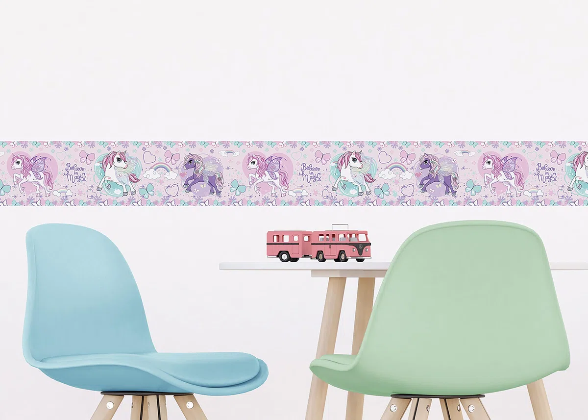 Selbstklebende Bordüre Einhorn AG Design, AWBD 8026 | Wasserfest Kinderzimmer Wand Aufkleber Dekoration | Wandbordüre für Mädchen und Junge | Folie, Mehrfarbig | Breite 500 cm x Höhe 13.8 cm