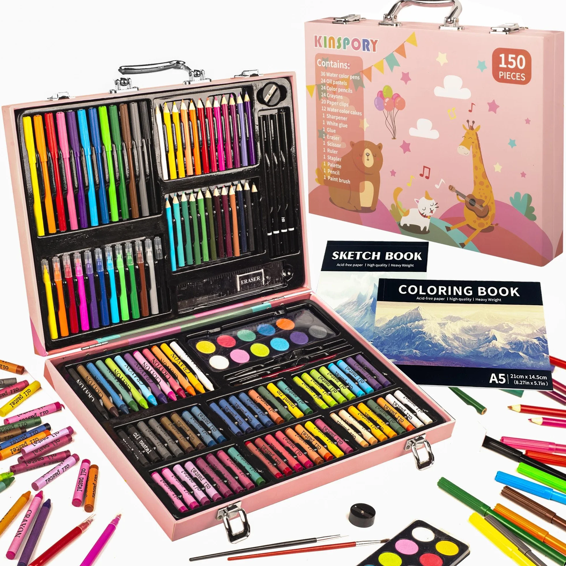 KINSPORY Premium Malkoffer Deluxe 150-teilig Malset für Kinder Anfänger Tolles Buntstifte Set, Wasserfarben, Ölpastellfarbe, zeichenstifte, Bleistifte als Zeichenset Geschenk Kinder