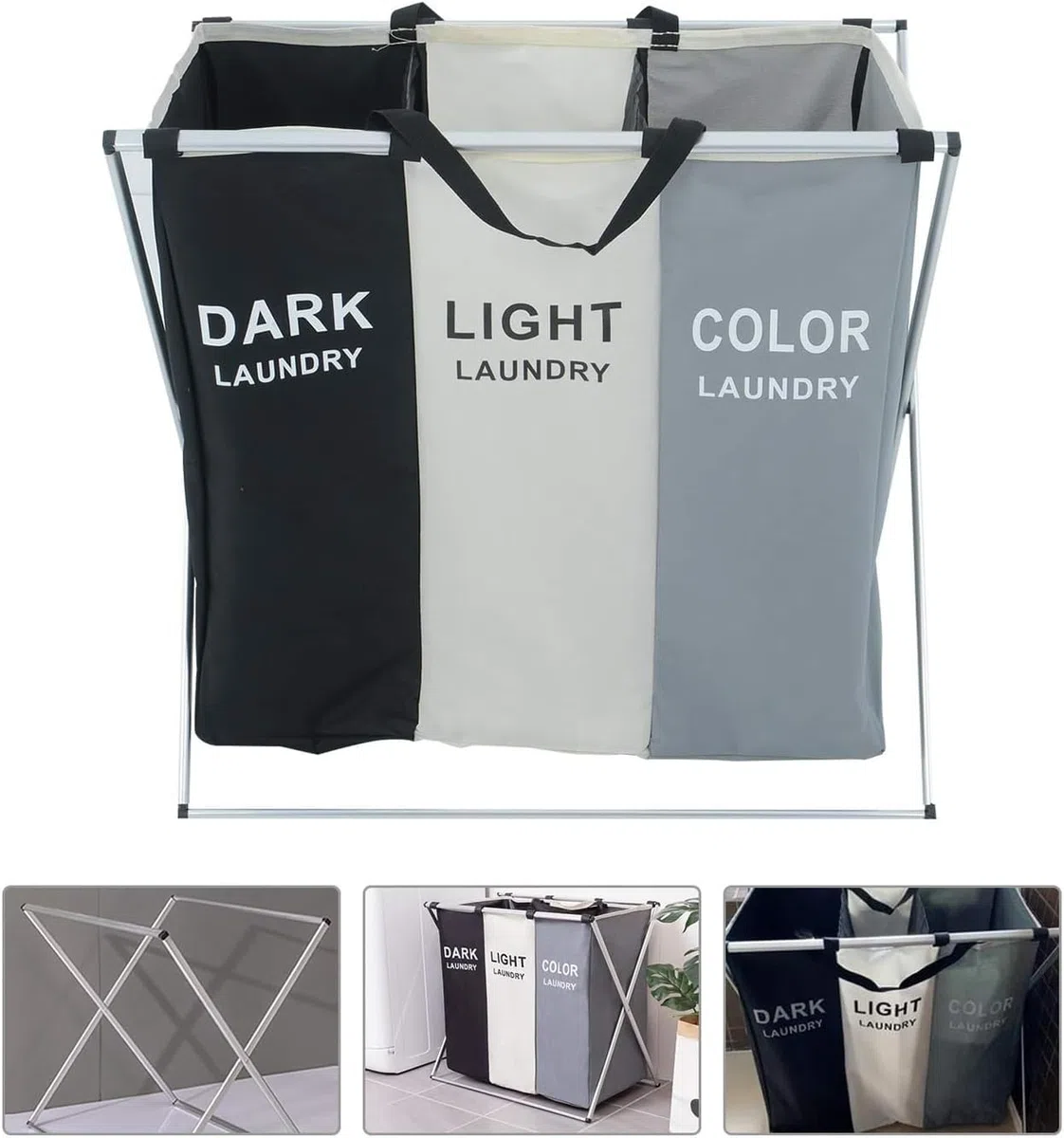 Wäschekorb, 155L Wäschesammler Mit Ablage, Wäschekorb 3 Fächer, Wäschesack Laundry Baskets Aus Oxford-Gewebe Ausziehbar Abnehmbar 64 X 35 X 62 cm Pfandflaschen Sammelbehälter