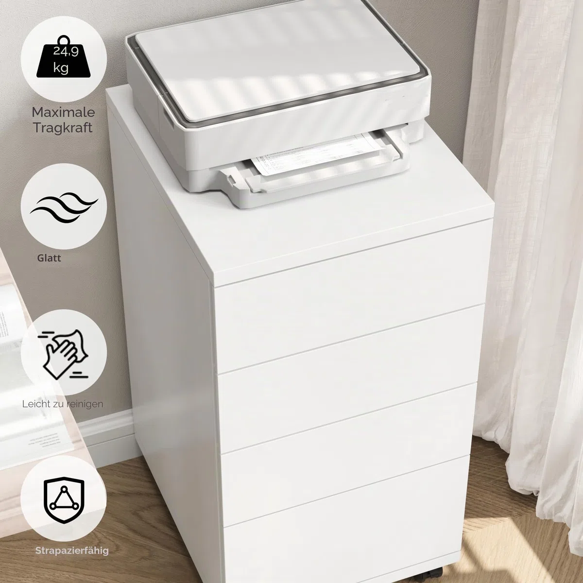 HOCSOK Rollcontainer mit Schubladen, Rollcontainer Schreibtisch mit Rollen, Büroschrank unter dem Schreibtisch für Zuhause und Büro (Weiß)
