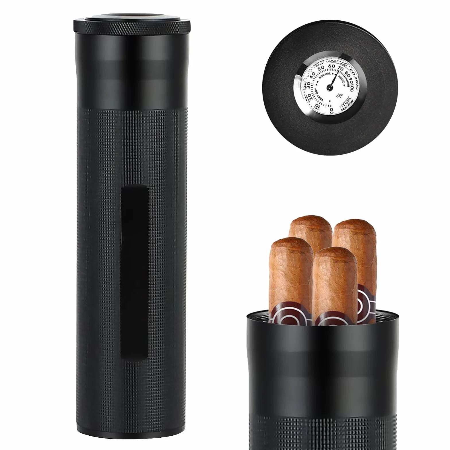 Tragbare Zigarren Humidor, Zigarren-Etui mit Hygrometer, Reise Zigarrenetui, Zigarren Etuis Röhre für 3 bis 4 Zigarren, Humidor Zigarren Edelstahl, Geschenk für Liebhaber Zigarrenliebhaber (Black)