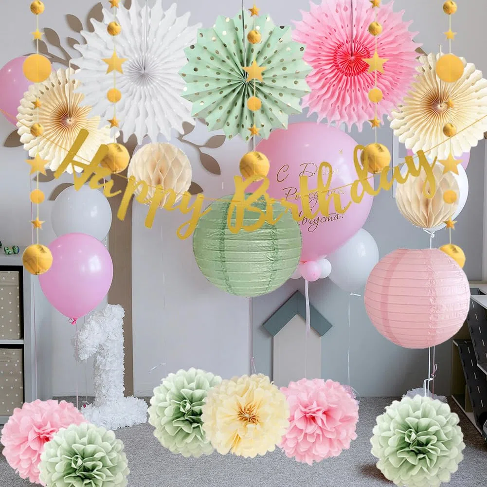Geburtstagdeko Frauen Grün Rosa Geburtstag Deko Happy Birthday Girlande Rosa Salbeigrün Seidenpapier Pompoms Papierfächer für Neutral Dekoration