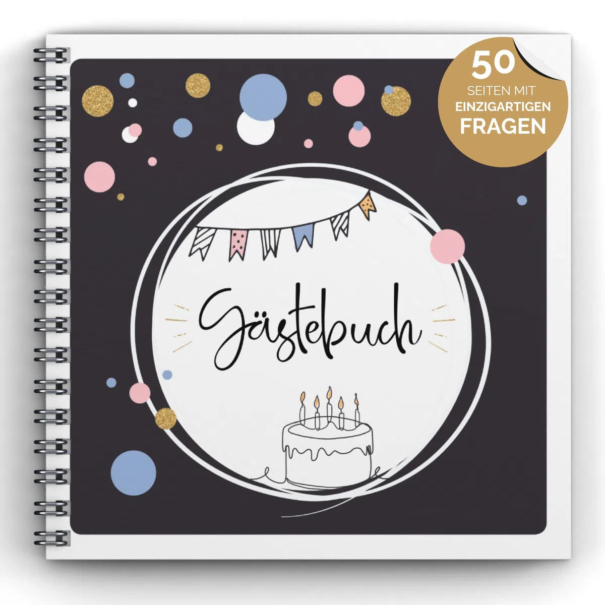Gästebuch Geburtstag mit Fragen by snaPmee - Für 50 Einträge, jede Seite ist einzigartig - Edles Hardcover mit weißer Spiralbindung - Größe 21x21cm, 300 g/m² Papier (extra dick) inkl. 25 Fotoaufgaben