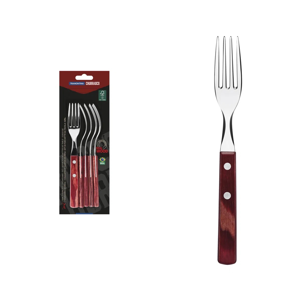 Tramontina Steakgabel Set, 6-Teilig, Edelstahl, Ergonomischer Griff, FSC-zertifizierter Holzgriff, Rot, Pizzagabel