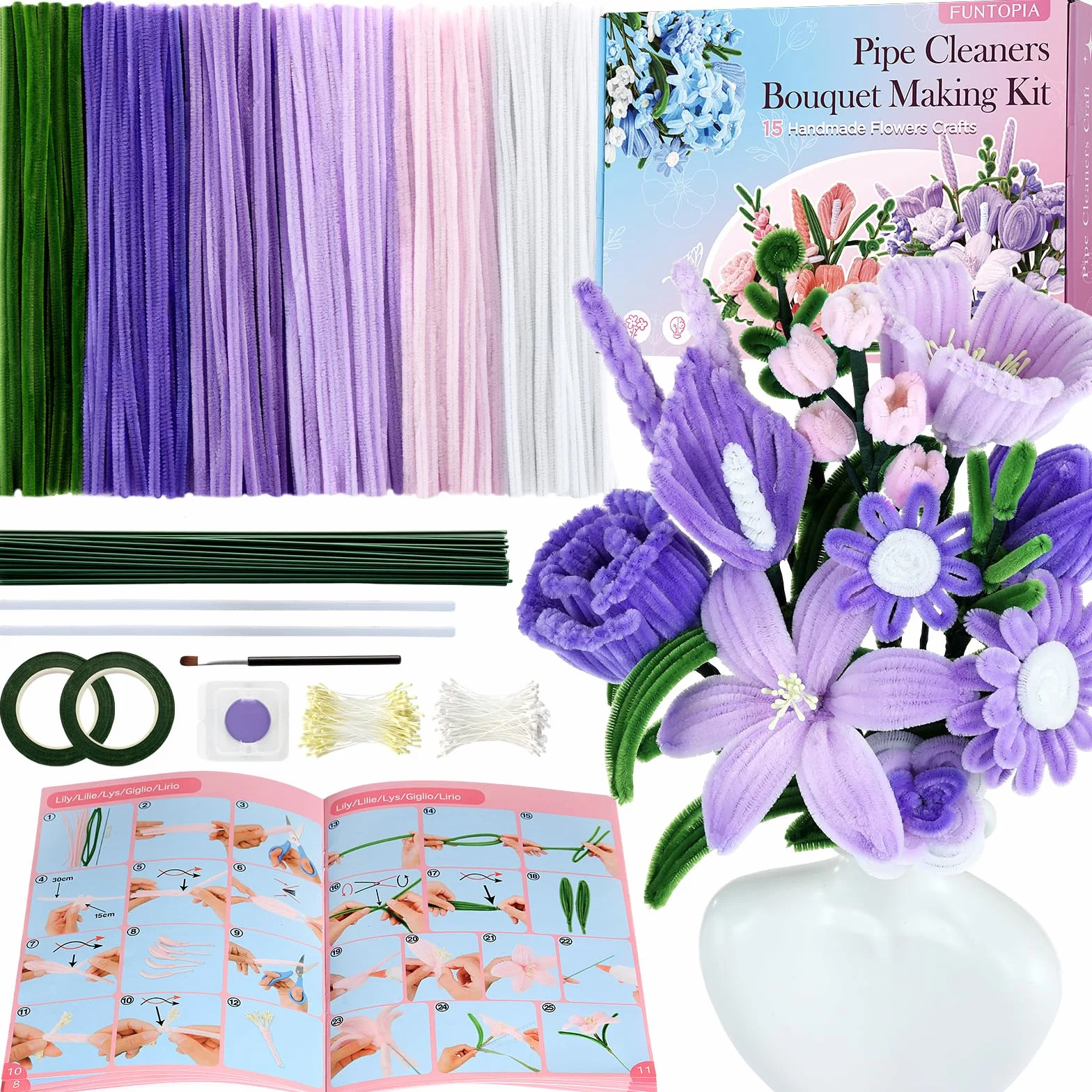 Funtopia Pfeifenreiniger Blumen Bastelset, 540 Stück Pfeifenputzer zum Basteln mit 15 Blumen-Designs Anleitung, Chenilledraht, Blütenstempel, Blumendraht & Klebeband, DIY Blumenstrauß, Lila & Violett