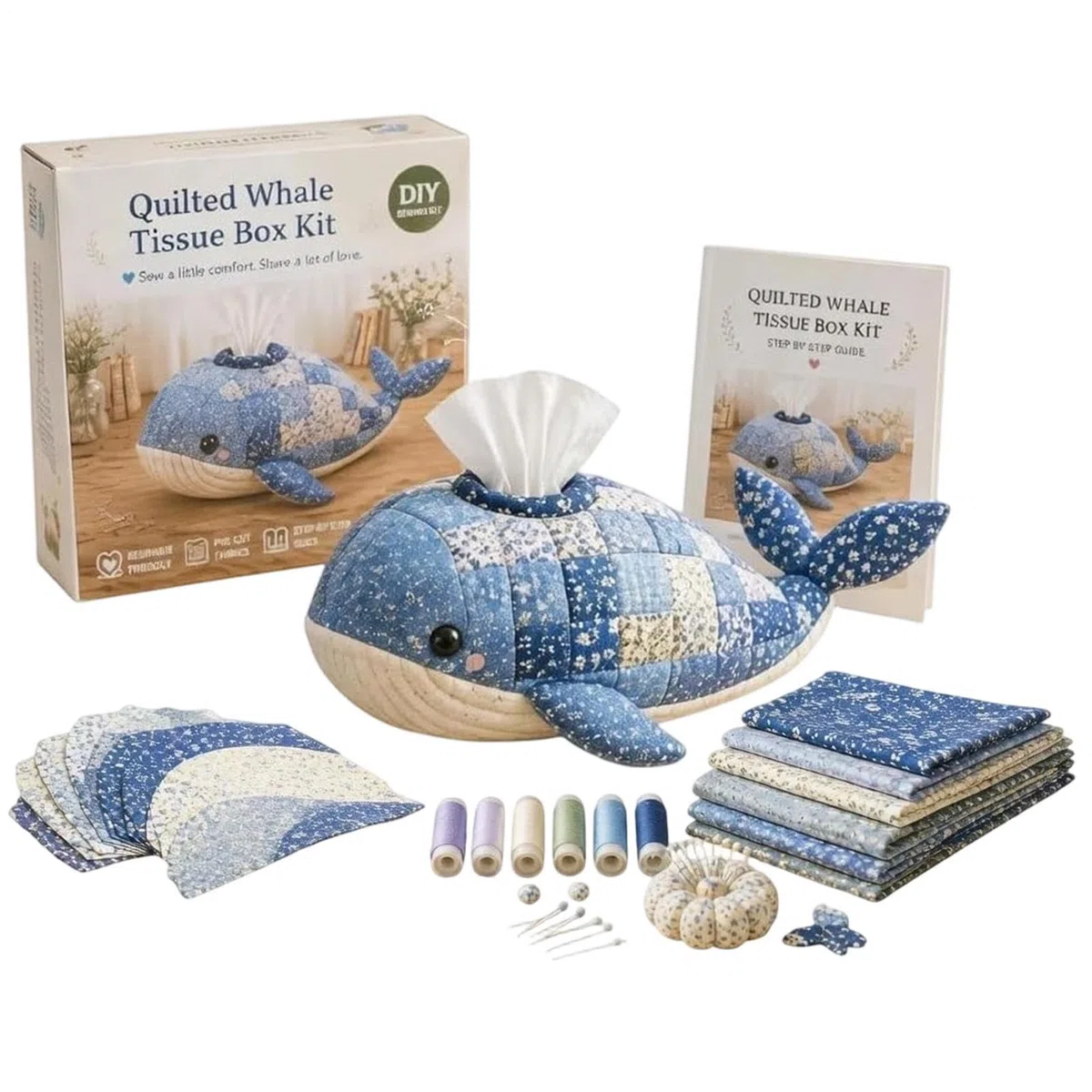 Generisch DIY-Set für gesteppte Taschentuchboxen mit Meerestieren, komplettes patchworks-Nähset mit Meerestieren, anfängerfreundliches, gestepptes Taschentuchbox-Cover-bastelsets für Erwachsene