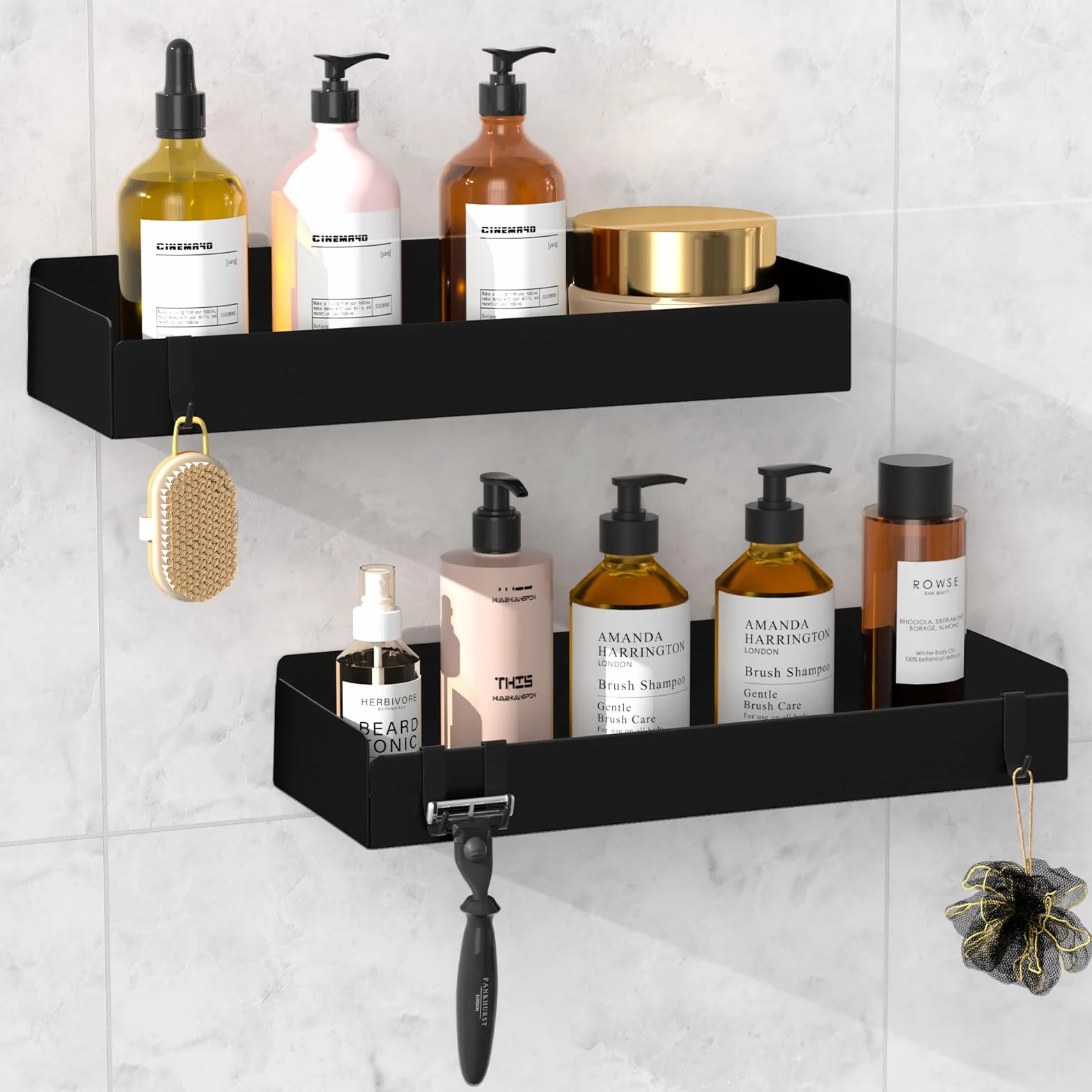 Wisfame Duschablage Ohne Bohren, 2 Stück Rostfreie Badezimmer Organizer, 30cm Duschregal mit 8 Haken, Shampoo Halterung für Dusche, Matt Schwarz Metall Duschkorb