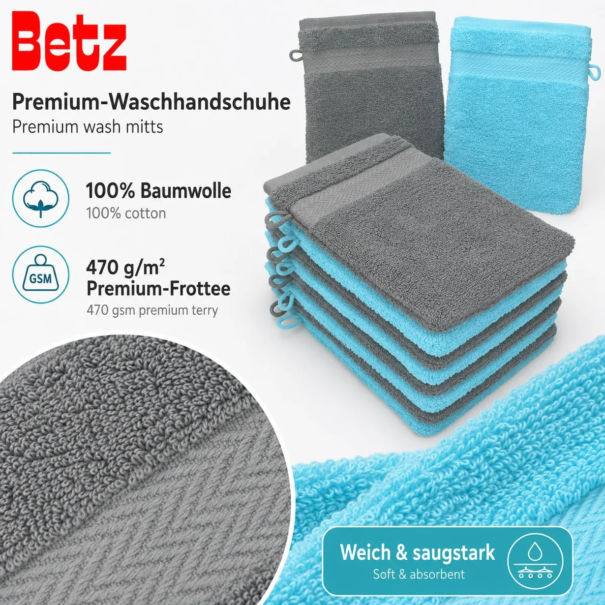Betz Waschhandschuhe Premium 10 Stück 16x21 cm – 100% Baumwolle 470g/m² – Weiche Frottee Waschlappen – Pflegeleicht & saugstark – Farbe anthrazit und türkis
