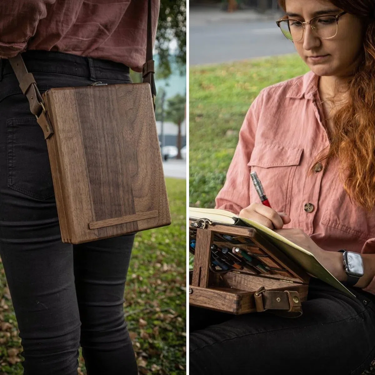 Writers Messenger Wood Box, A5 Artist Tool and Brush Storage Box, Walnut Wooden Shoulder Bag, Multipurpose Art Organizer, Portable Creativity Case for Artists, 25x19x6cm