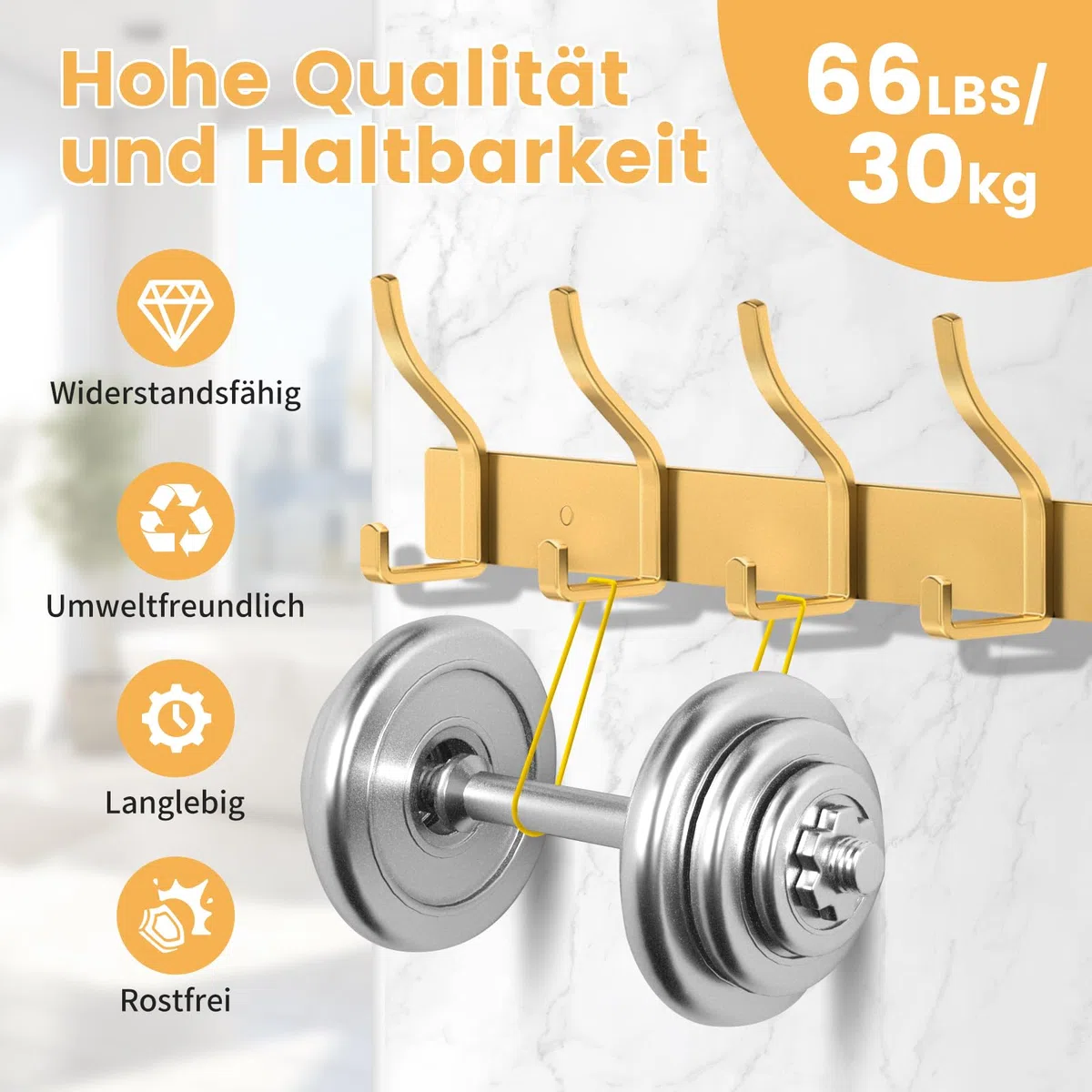 Garderobenhaken Edelstahl Garderobenleiste Gold Hakenleiste Garderobe Kleiderhaken Wand mit 6 Haken Wandhaken garderobe für Schlafzimmer Bad Küche Kleiderständer (Gold)