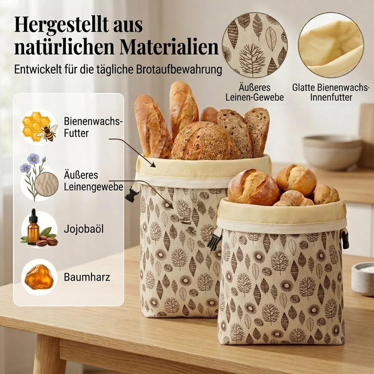 Bienenwachs Brotbeutel für Hobbybäcker: 43x33cm Wiederverwendbarer Sauerteigbeutel mit Natürlicher Bienenwachsbeschichtung, atmungsaktiv Frische, waschbar für selbstgebackenes Brot 2er Set