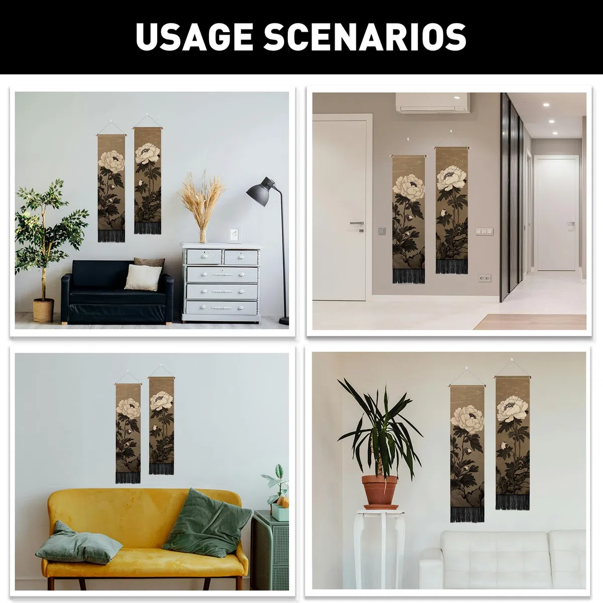 PLIGREAT 2er Pack Japanische Pfingstrose Vertikaler Wandteppich mit Quasten Elegante Blumen Wandbehang für Schlafzimmer Wohnzimmer Warme Lange Schmale Wandbehang Schlafsaal Zimmer Zuhause Kunst Dekor