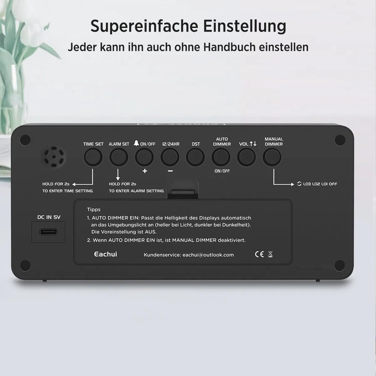 Eachui Wecker digital Batteriebetrieben mit großen Zahlen, Digitaler Wecker mit LED Display, regelbarer Helligkeit und Lautstärke, Automatischer Dimmer,Snooze, 12/24 Std (Grüne Ziffern)