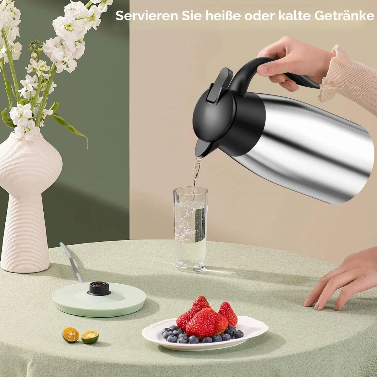 Uootach Thermokanne Isolerkanne 2 Liter, 304 Edelstahl Isolierte Isolierkanne, 24 Stunden Wärmedämmung, für Wasserkocher, Teekannen und Kaffeemaschinen zum Warmhalten von Getränken (Silber)