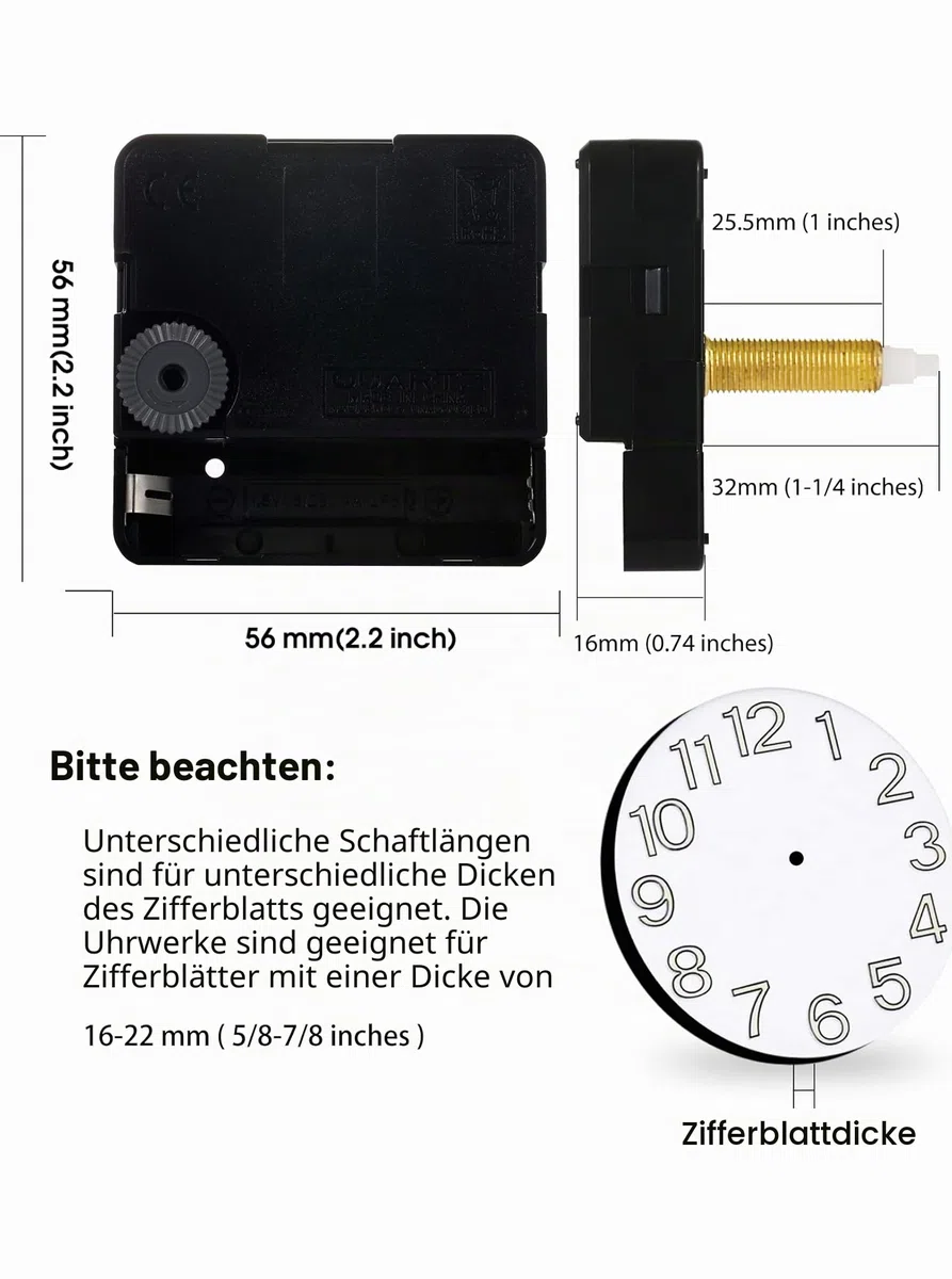 DEEWISH 32 mm langes Uhrwerk für die Reparatur von Uhrmechanismen, Quarzwerk mit hohem Drehmoment, batteriebetrieben, geräuschlose Uhr, Schwarze Zeiger im Lieferumfang enthalten B