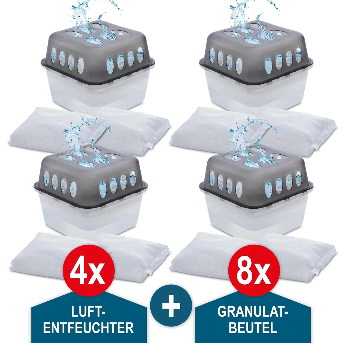 Onbest großes Luftentfeuchter Set-4x Entfeuchter mit 8x 400g Nachfüllbeutel Granulat–Gegen Feuchtigkeit, Schimmel&schlechte Gerüche–Raumentfeuchter ohne Strom-Luftentfeuchter Raumentfeuchter, Grau
