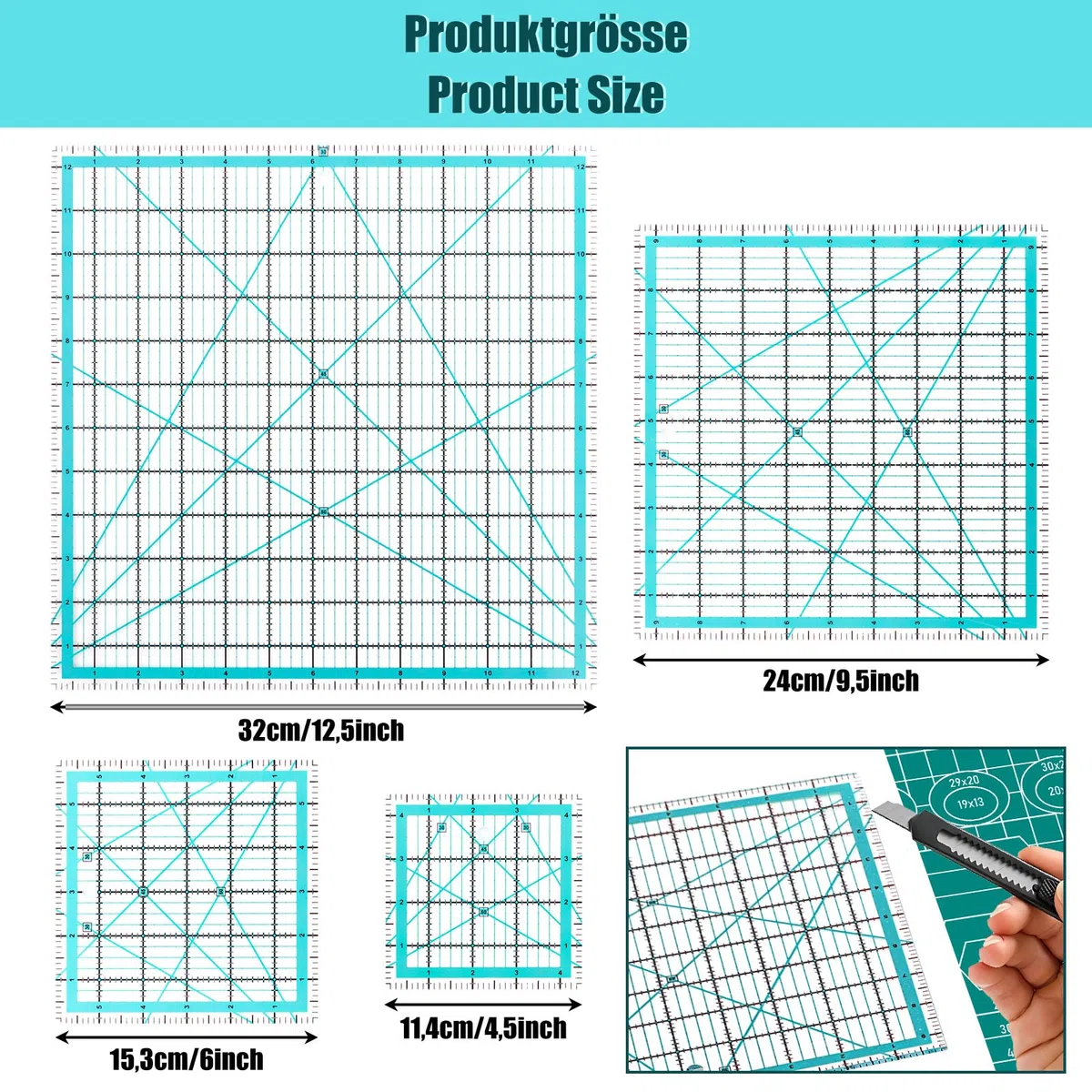 4 Stück Patchwork Lineal 12.5"/ 9.5"/ 6"/ 4.5" Quadratische Nählineal, Lineal Nähen mit Skal und Winkelanzeige, 30/45/60 Grad, Transparent Schneider Lineal für Nähen, Stoffhandwerk DIY