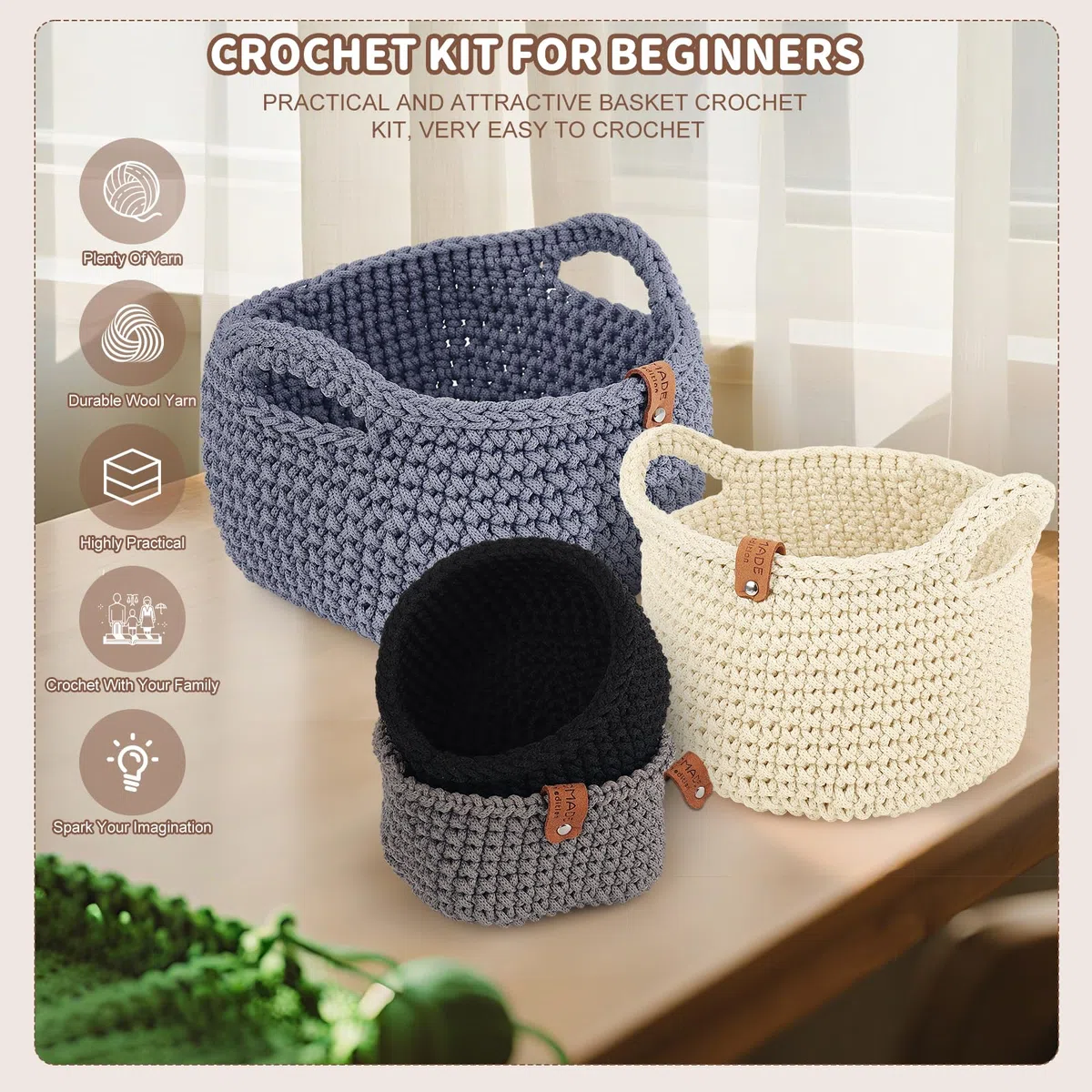 Aeelike 2Pcs Square Häkelkorb Häkelset für Anfänger, Starter Häkelset mit Häkelnadeln 4,5mm 4,0mm, 4 Häkelgarn, Zubehör, Praktisch Häkeln Set Häkelpaket mit 3-Sprachen-Anleitung, Dunkelgrau