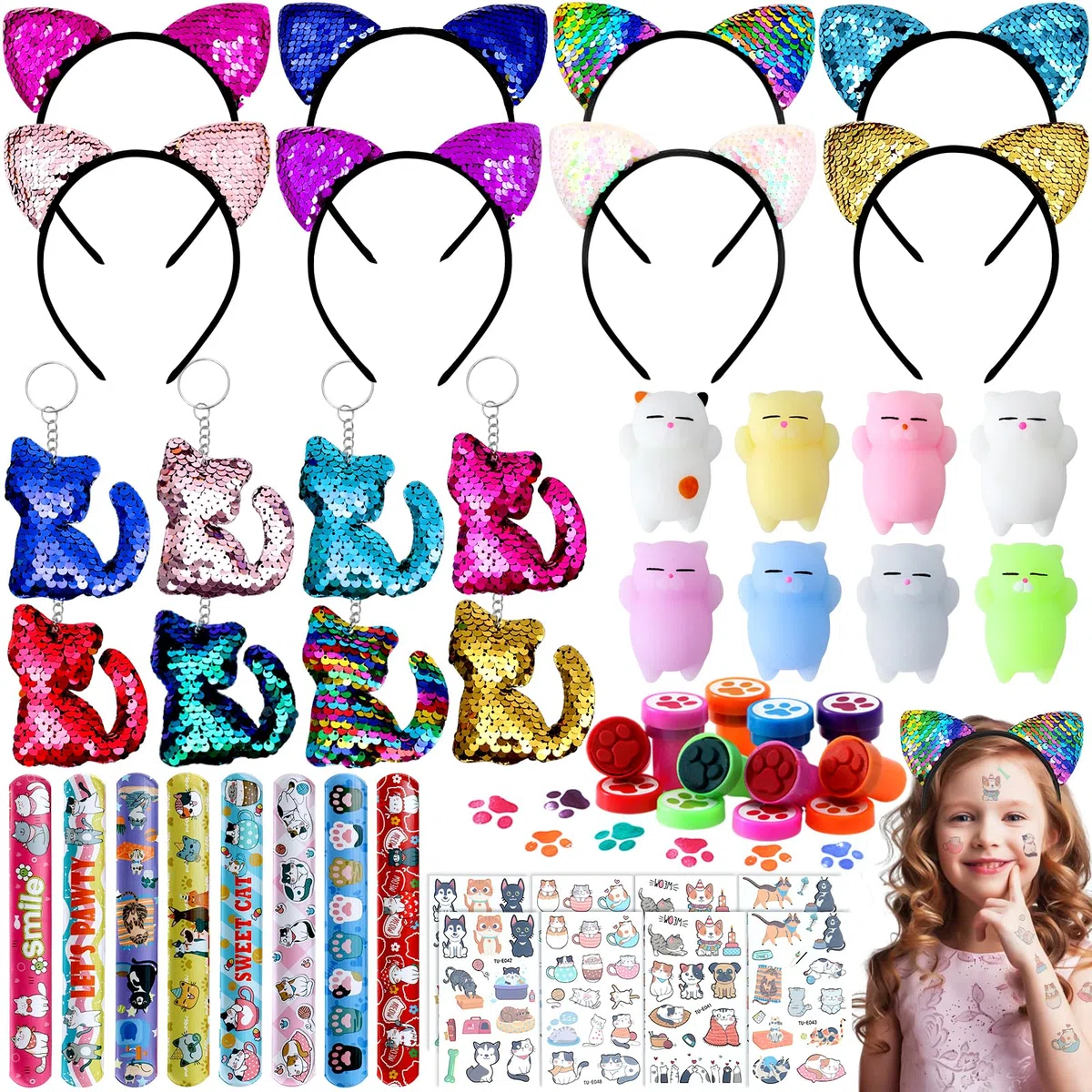 G.C Katzen Mitgebsel Kindergeburtstag Pinata Geburtstag Mädchen mit Pailletten Katzenohren Stirnband und Schlüsselanhänger Tattoo Katze Give Aways Gastgeschenk Mitbringsel Kindergeburtstag Mädchen