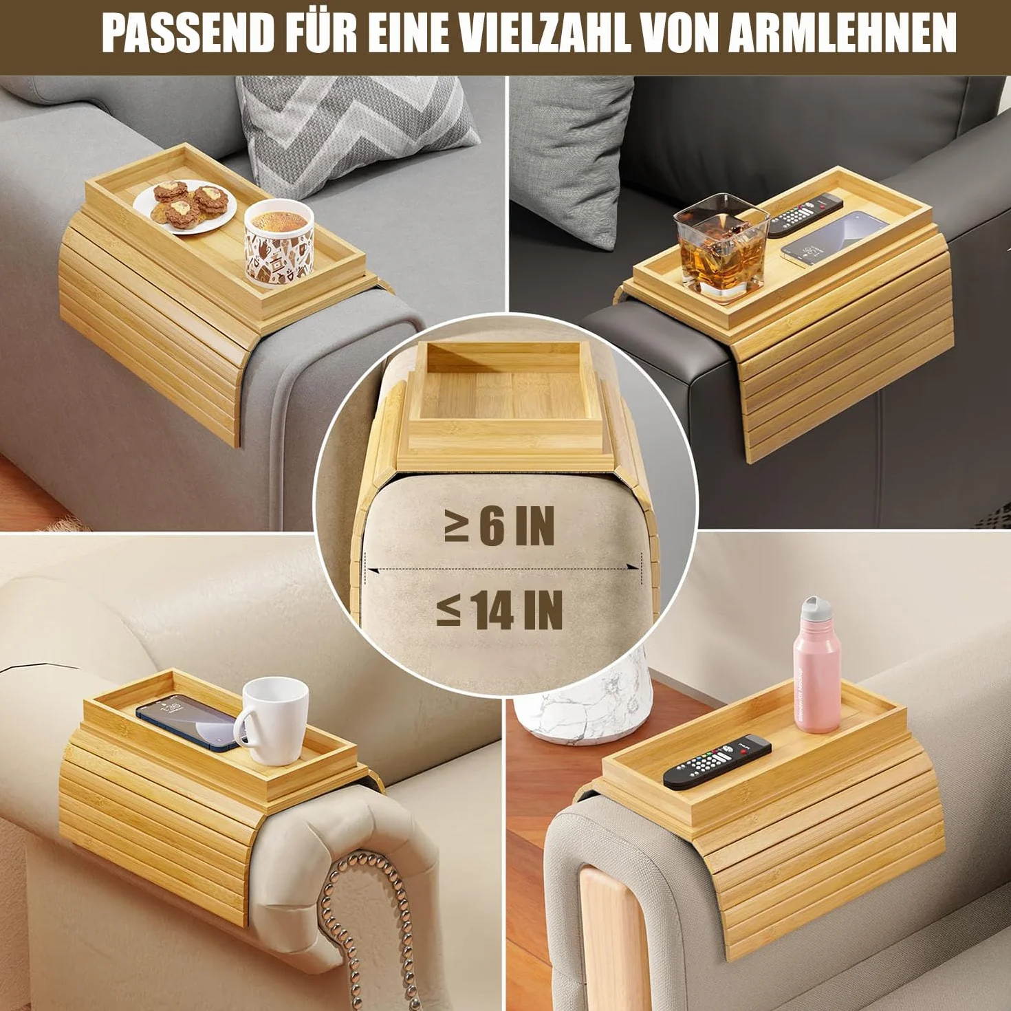 Sofatablett, Faltbares Bambus Rutschfester Couch Tablett, Armlehne, Couch Sofa Tisch für Snacks, Handy, Tassen