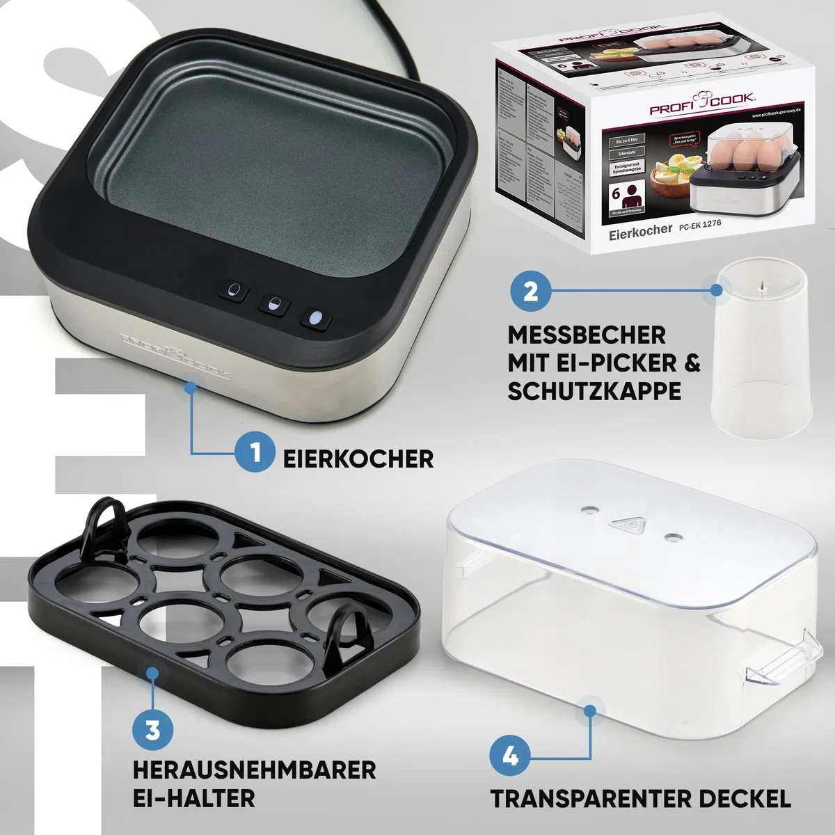 ProfiCook sprechender Eierkocher, kocht alle drei Stufen - weich/mittel/hart, 6 Eier, geeignet Ergebnis, Edelstahl Eierkocher mit Härtegradeinstellung, Egg Cooker, PC-EK 1276