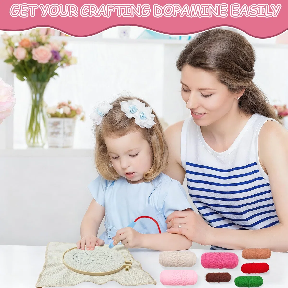 BOYIFEIJIE Punch Needle Set für bunte DIY-Untersetzer, Kreatives Bastelset zum Sticken für Erwachsene & Anfänger mit Motivstoff, Stickrahmen, Garn & Anleitung (Weiß)