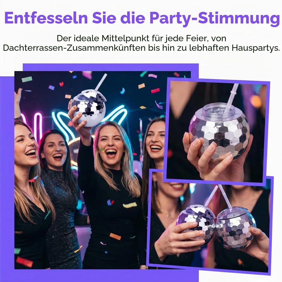 Nicunom 6 Stück 540 ml Discokugelbecher mit Deckel und Trinkhalmen Wiederverwendbar, silberfarben, Discokugel-Becher, Cocktailbecher, glitzernd, Disco-Bar, Party, Wein, Trinken, Tee, Sirup, Flasche