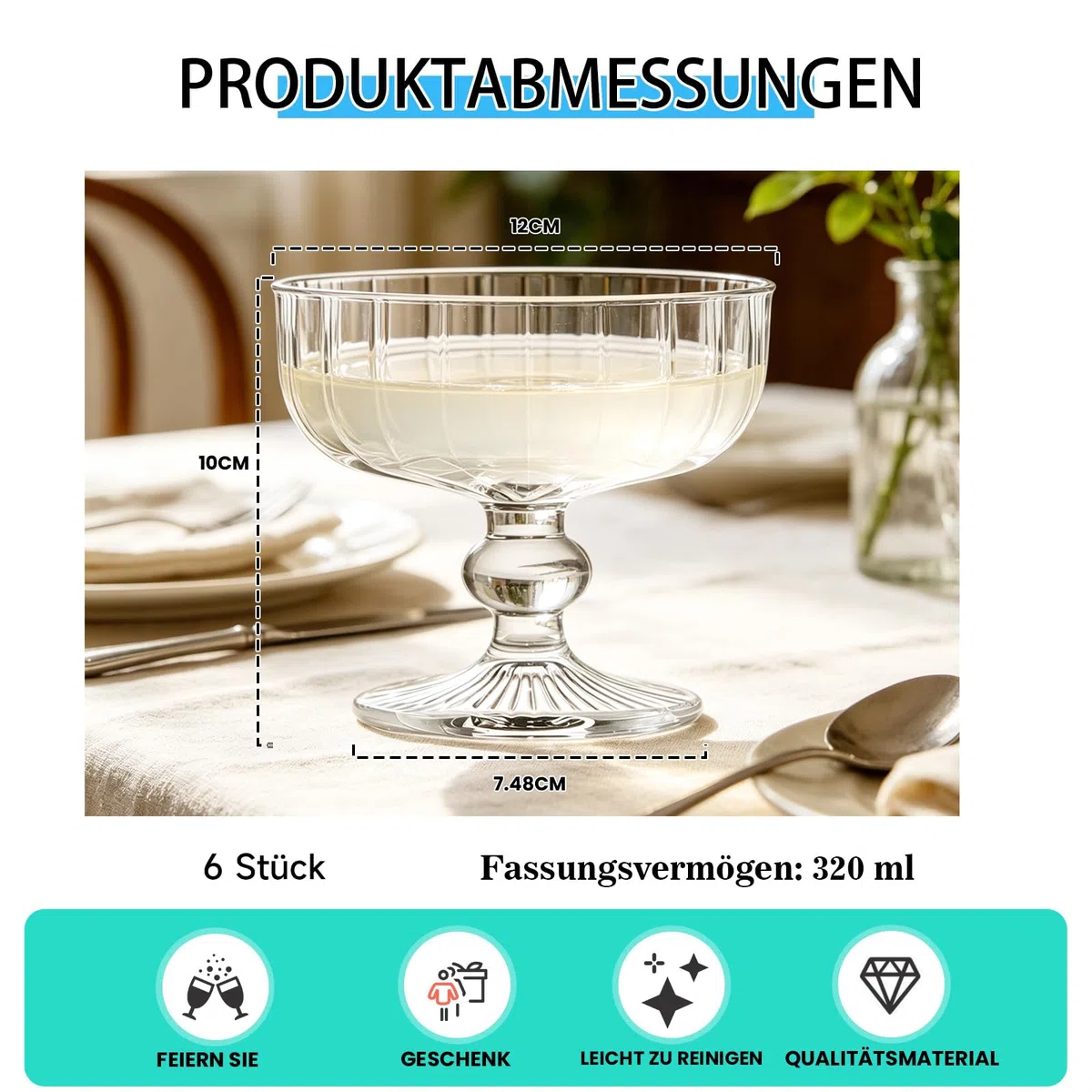 6er Set Cocktailgläser Coupe 320 ml – Vintage Margarita Gläser, Retro Dessertgläser aus Glas, Stielgläser für Martini, Daiquiri, Eis, Sundae & Bar