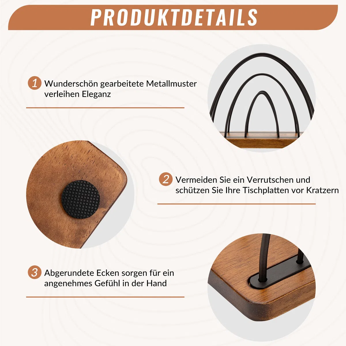 Serviettenhalter aus Metall für den Tisch – Freistehender Serviettenhalter mit Holzsockel für Quadratische Servietten, Ideal für Küche, Cocktailbar und Esstisch