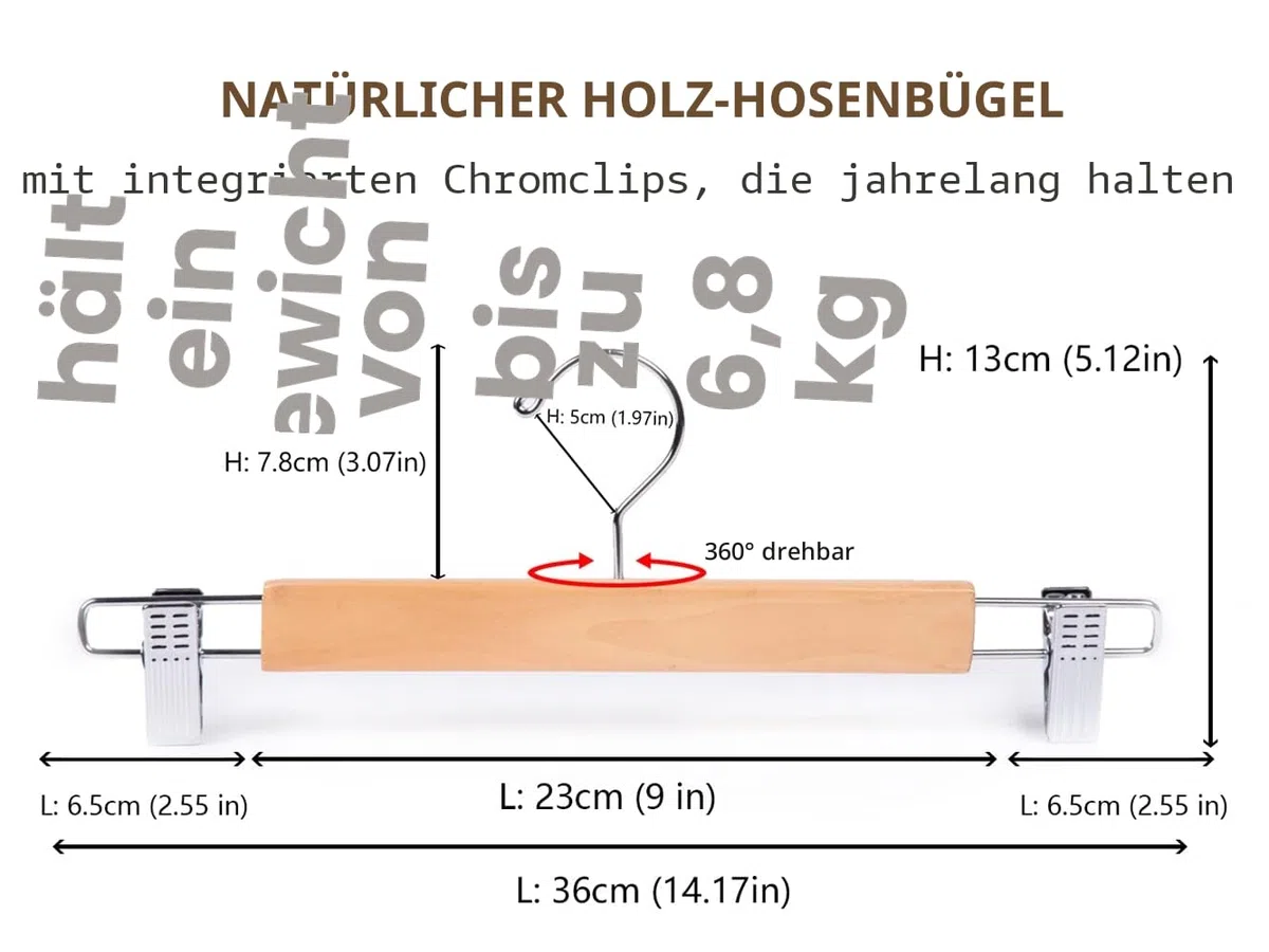 Amber Home 10 Stück 36cm Natürliche Kleiderbügel aus Holz, Robust und Glänzend Hosenbügel Aufhänger für Hosen Shorts Rock Socken Unterwäsche, mit rutschfest Clips und Drehbar Haken