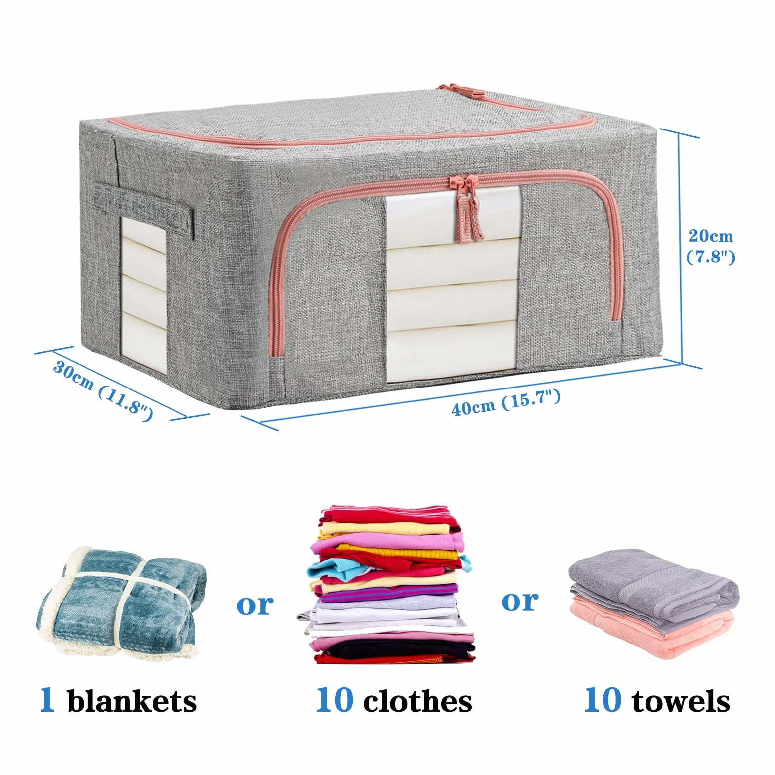 Kleideraufbewahrung Box 2 Stück, Kleiderschrank Organizer Faltbar Aufbewahrungsbox mit Metallrahmen und 2 Fenster, Aufbewahrungstasche für Kleidung, Bettdecken, Decken, Bettwäsche, Grau(22L)