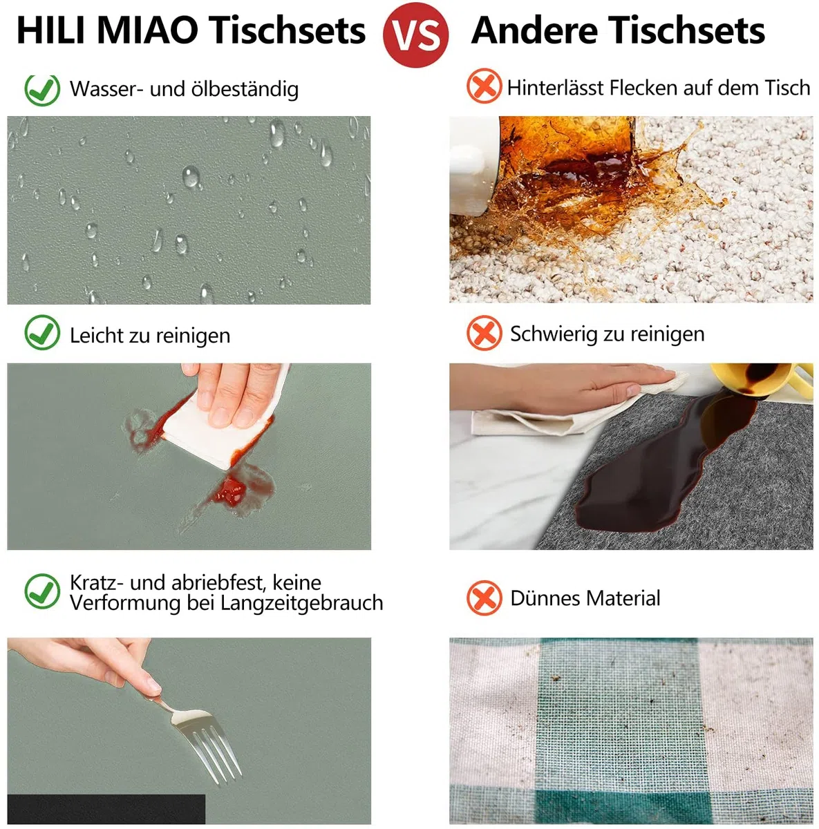 HELI MIAO Tischsets Abwaschbar,Platzsets Abwischbar, Leder,Hitzebeständig Doppelseitigen I 6er Set Platzdeckchen Lederoptik mit Untersetzer,Tischuntersetzer rutschfest,Salbeigrün