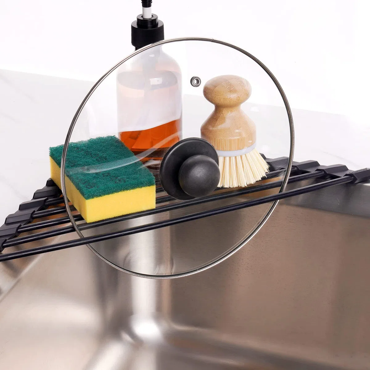 Tomorotec Kleines dreieckiges aufrollbares Abtropfgestell mit Silikonbeschichtung, Edelstahlrahmen für Spülbeckenecken, Mehrzweck-Abtropfgestell für die Küche und Organizer für platzsparende