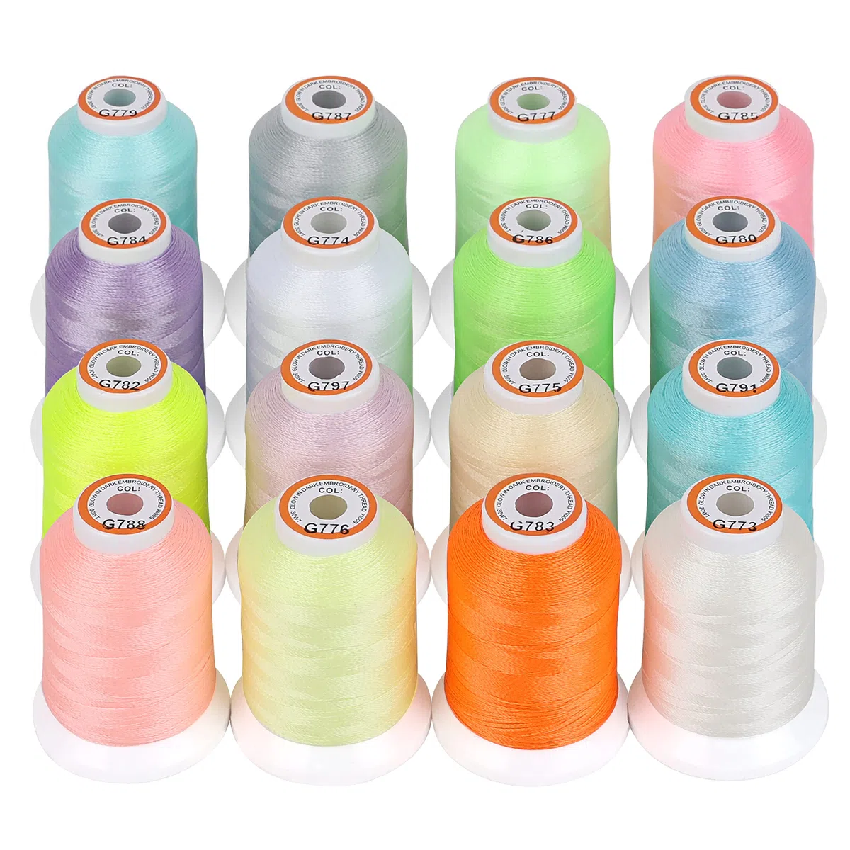 New brothread 16 Farben Leuchtend Leuchten im Dunkeln Maschinenstickgarn Set 30WT 500M (550Y) Jede Spule zum Sticken, Quilten, Nähen