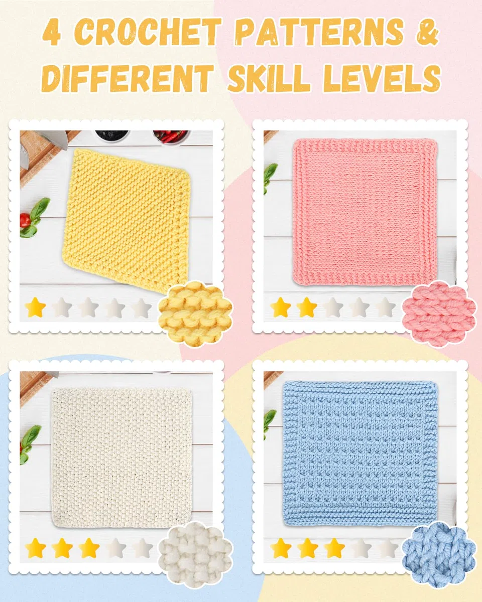 Aeelike 4 Muster Strickset für Anfänger, Strick Lumpen Set mit Stricknadeln 5,0mm, 5Ply Strickgarn, Zubehör, Praktisch und schön Lappen Strickset mit Anleitung, Strickn für Anfänger Profis Set Hell