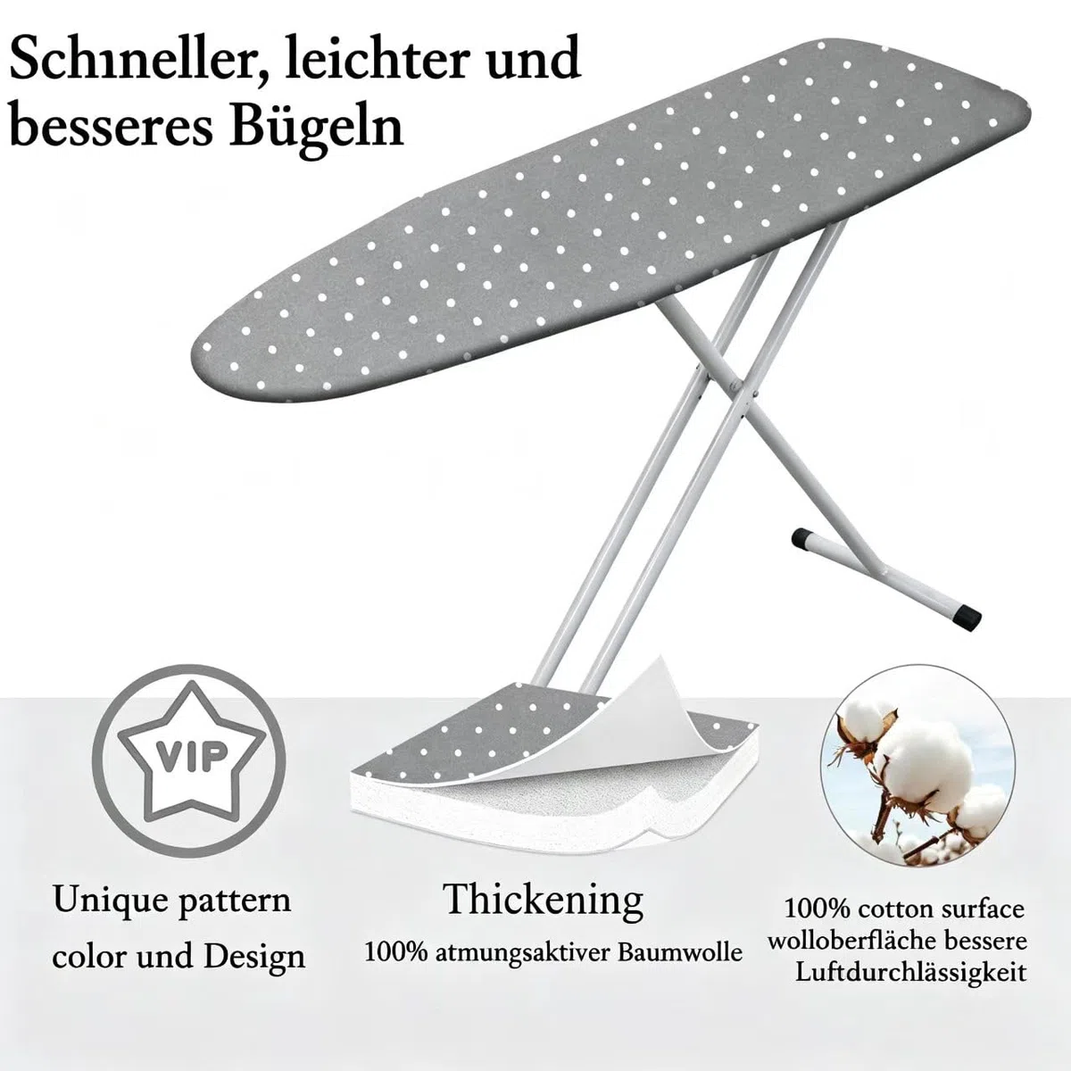Bügelbrettbezug 115x35cm, Breiter Bügelbrettbezug mit dickem Filzpolster, Kordelzug, Klettverschlüssen, Blumen- und Schmetterlingsdruck (Graue Punkte, 115x35cm)
