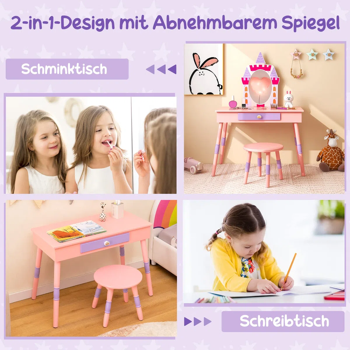 GOPLUS Kinder Schminktisch mit Spiegel, Prinzessin Frisiertisch mit Wachstumstabelle, Türhänger, Kleiderhaken & Wandregal, Kosmetiktisch Holz mit Hocker, Mädchen