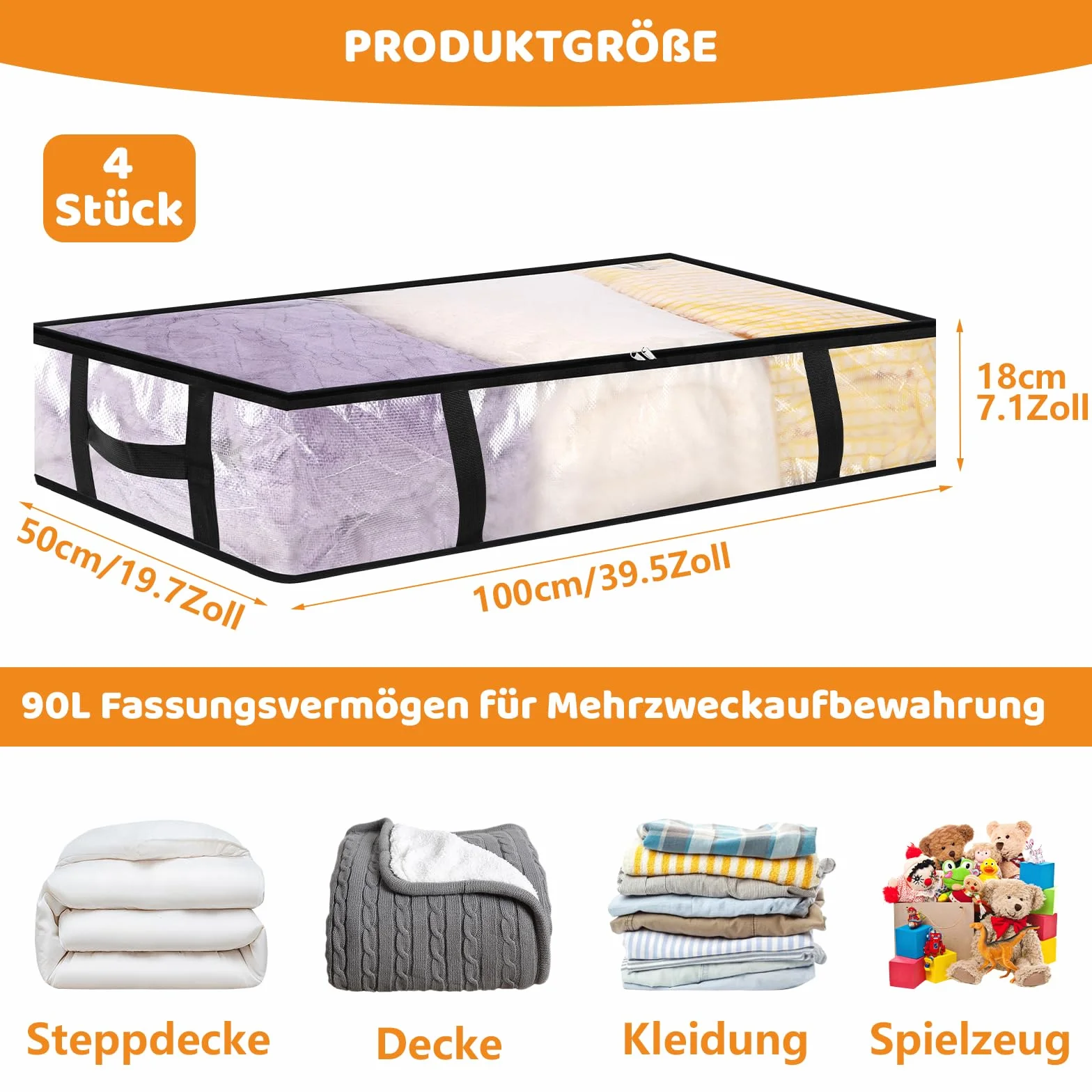 Dntorx 4 Stück 90L Unterbett Aufbewahrungsbox mit Deckel Groß, Transparente Unterbettkommode Faltbare Aufbewahrungstasche mit Griff, Unterbett Aufbewahrung für Bettdecken Kissen Kleidung Aufbewahrung