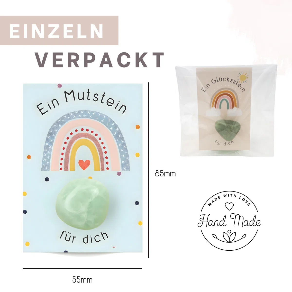 Milaboo 12er Set Glückssteine mit Karte – Einzeln verpackte Natursteine als dekorative Geschenkidee – Glücksbringer & Mitbringsel für besondere Anlässe (Mutstein)
