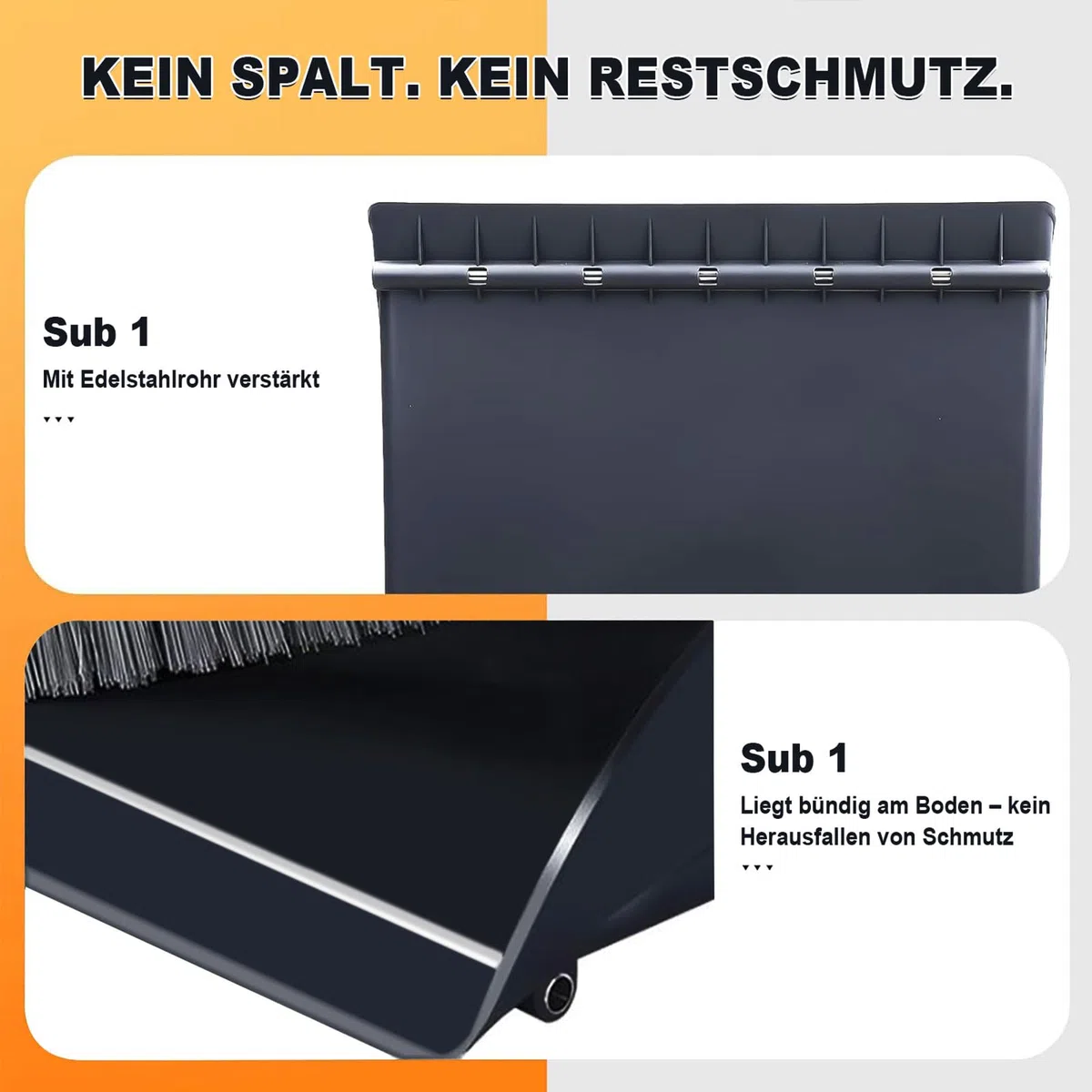 Besen und Kehrblech Set mit langem Stiel, höhenverstellbar, 4-lagige Borsten mit gesplitteten Spitzen, metallverstärkte Kehrblechkante, Kammzähne gegen Haare – Kein Spalt. Kein Restschmutz