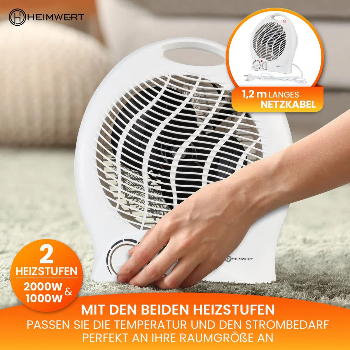 HEIMWERT Heizlüfter energiesparend 2000 Watt - Schnellheizer mit ENERGIESPARSTUFE und Tragegriff - Elektroheizung mit Thermostat und 2 Strom Heizstufen I 2in1 Kühlfunktion I 22x29x13 cm (weiß)