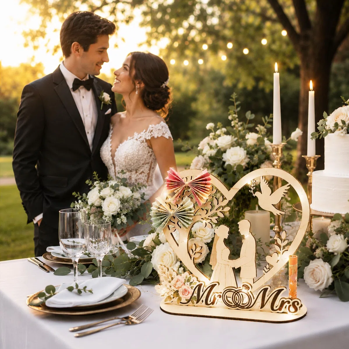 Giftota Geldgeschenk Hochzeit mit LED Lichterkette - Originelle Hochzeitsgeschenke für Brautpaar - Mr und Mrs Geschenk - Geldgeschenke zur Hochzeit Holz Paar Geschenke