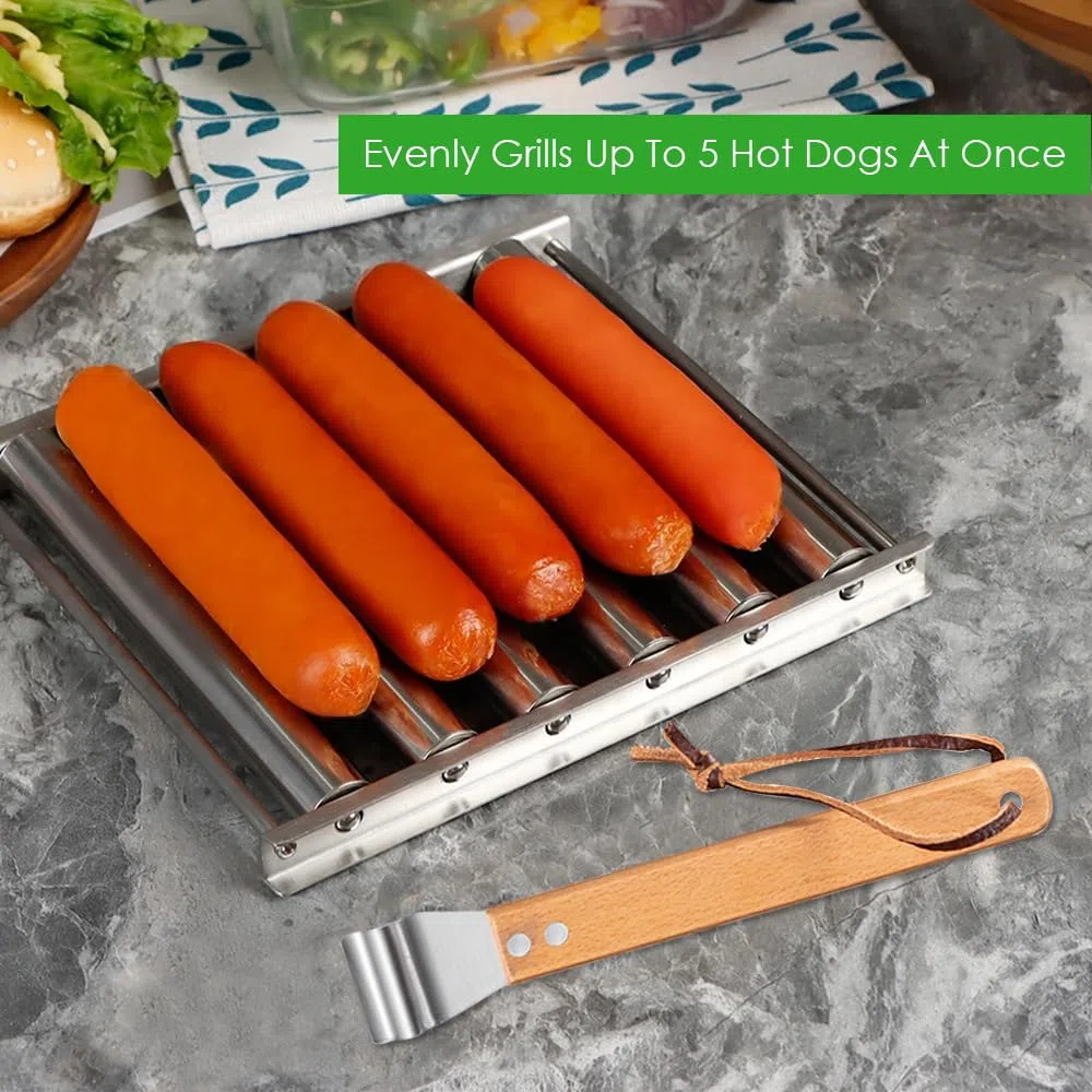 Rollender Wurstgrill Edelstahl-BBQ-Hot-Dog-Rollgestell mit langem Holzgriff und 4 Spießen für Außengrill, 5 Hotdog-Kapazität, Mittel