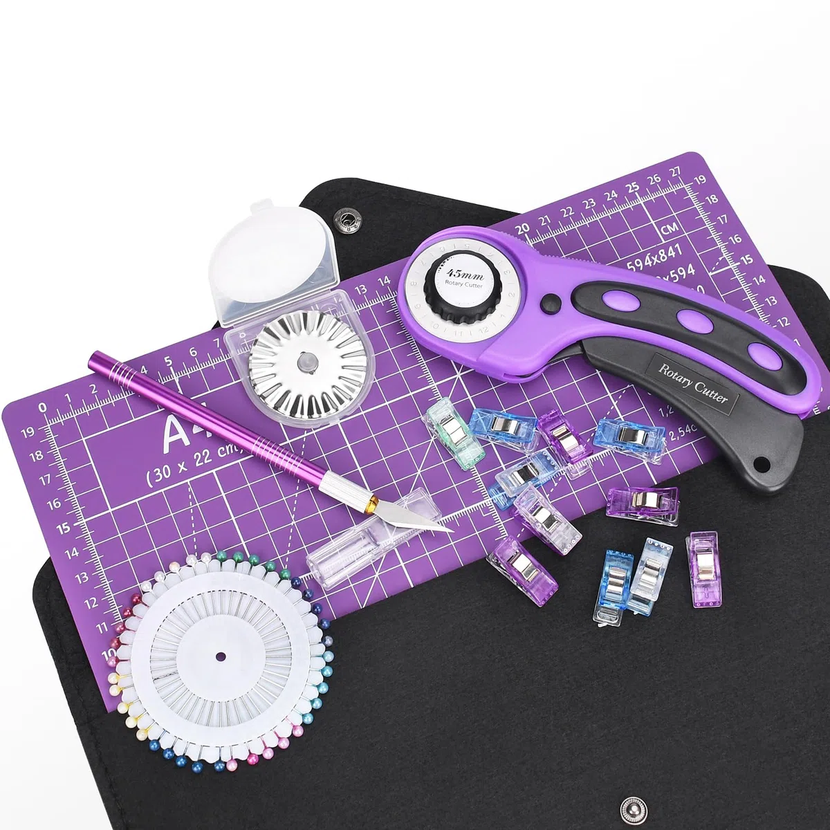 SAMISO Drehschneider-Set, Rotationsschneider, Schneidematte, A4, Rotationsschneider, Ersatzklingen, Patchwork-Lineal, Drehmesser für Stoff, Leder, Scrapbooking