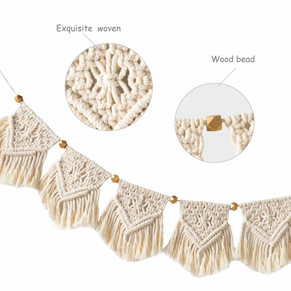 Mkouo Boho Deko Makramee Wandbehang Chic Tapisserie Gewebte Wanddeko Dekoration, 19cm (W) x 100cm (L), Baumwolle und Holz, Dreieckig, Beige