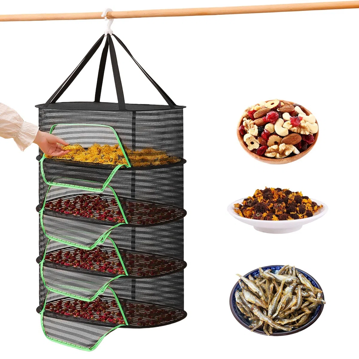 dellyy Frockennetz Kräuter 4-Lagiges, Kräutertrockner Hängend, Klappbar Trocknen Netz, Aufhängen Trockennetze Zum, Klappbar Trocknungsnetz, Aufhängen Trockengestell, Drying Net Blumen, Früchte (BK)