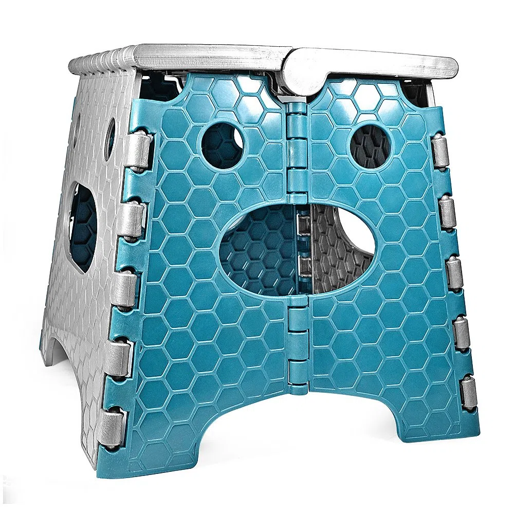 STARK Tritthocker faltbar 27 cm – Klapphocker für Kinder und Erwachsene, klappbar & stabil, rutschfest mit Griff – Faltbarer Hocker für Küche, Bad, Garten & Werkstatt, platzsparend (Grau-Blau)