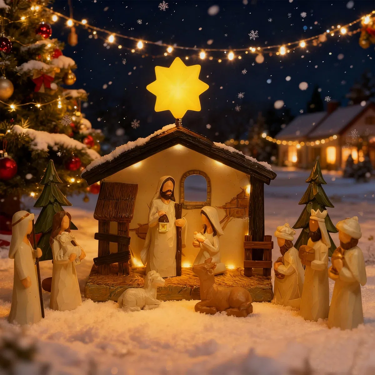 Krippenfiguren Set, Krippe Weihnachten, Nativity Scene, Krippenfiguren mit Beleuchtung, Weihnachtsdekoration Indoor (13er Set)