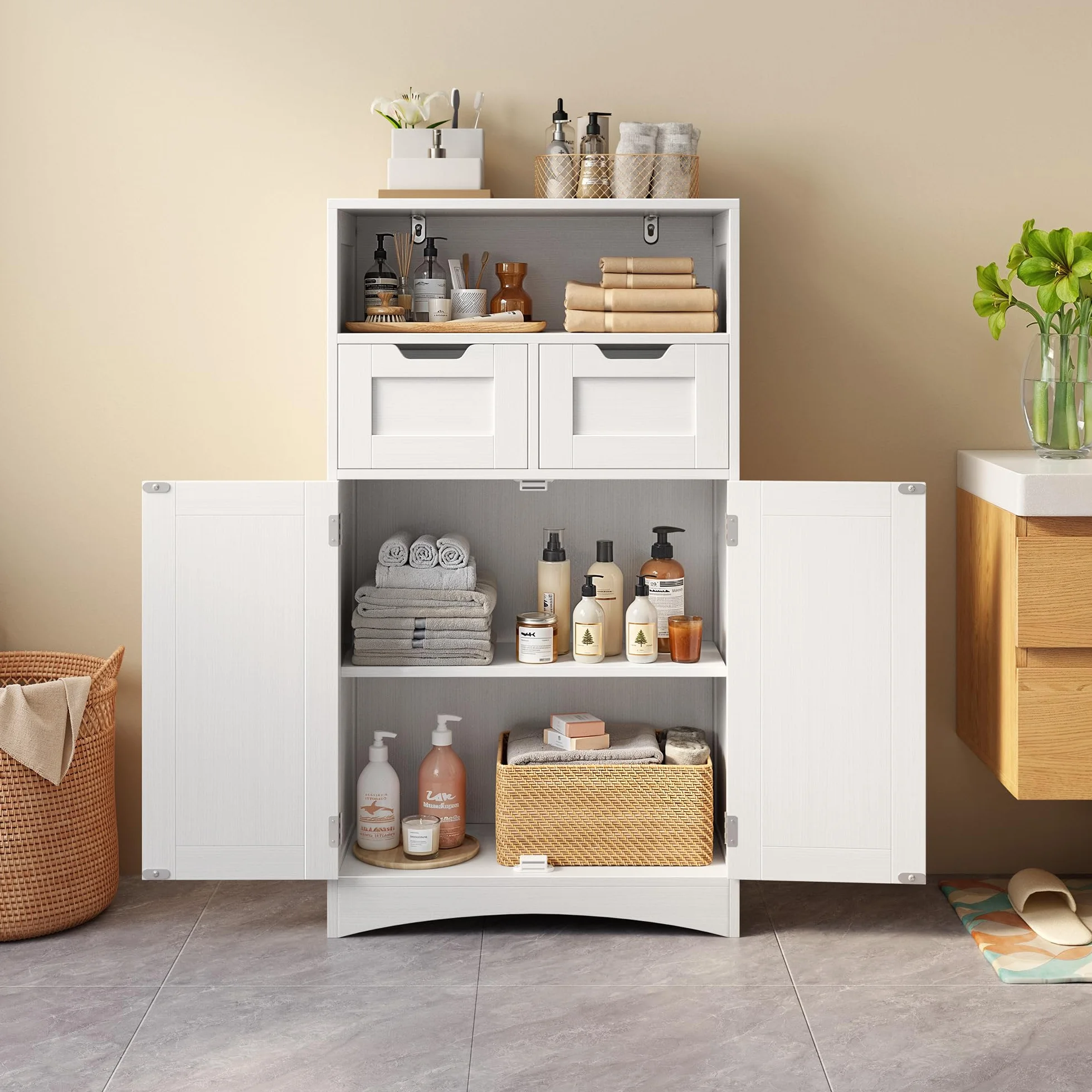 Bealife Badezimmerschrank mit 2 Schubladen, verstellbares Regal, multifunktional, für Badezimmer, Schlafzimmer, Flur (weiß, 60 x 30 x 108 cm) (weiß)
